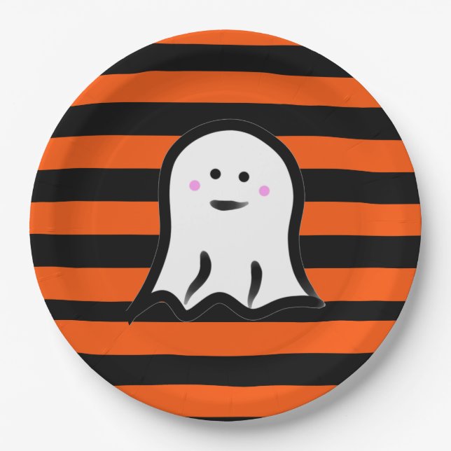 Halloween Ghost on Black and Orange Stripes  Pappteller (Vorderseite)
