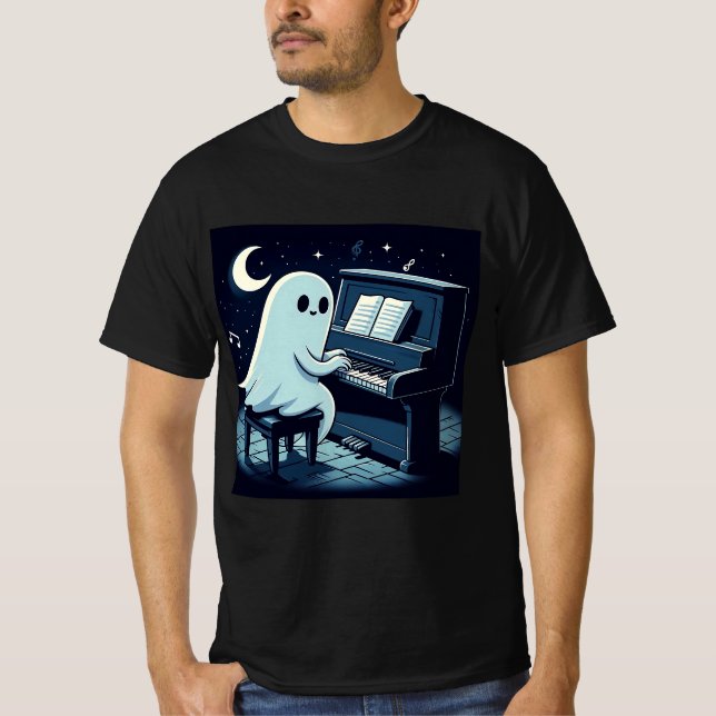 Halloween Ghost Playing Piano Funny T-Shirt (Vorderseite)