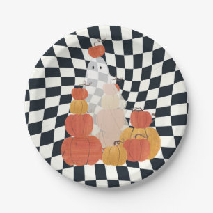 Halloween Ghost Pumpkin Checkered Pappteller