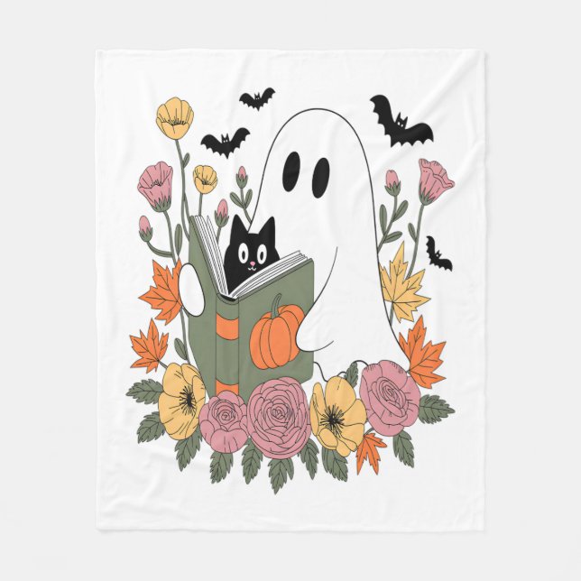 Halloween Ghost Reading Book Cat Fleecedecke (Vorderseite)
