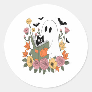 Halloween Ghost Reading Book Cat Runder Aufkleber