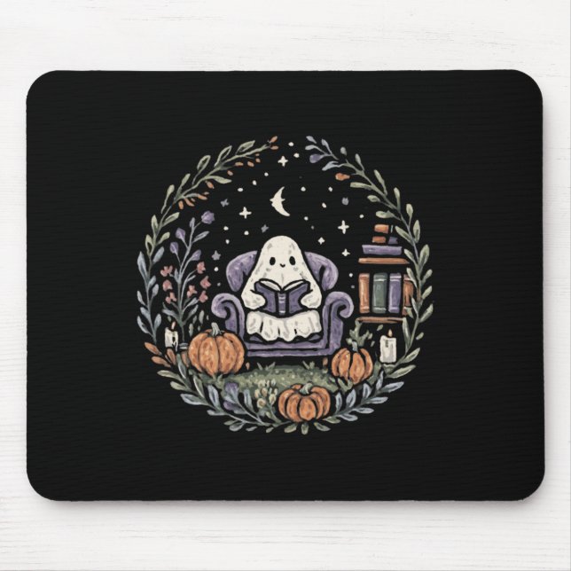 Halloween Ghost Reading Book Lover Tee Long Sleeve Mousepad (Vorne)