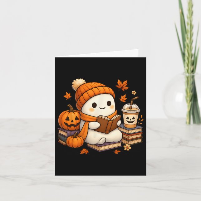 Halloween Ghost Reading Book Lovers Coffee Girl Wo Karte (Vorderseite)