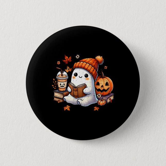 Halloween Ghost Reading Book Lovers Niedlich Ghost Button (Vorderseite)