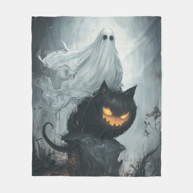 Halloween Ghost Riding a Black Cat Fleecedecke (Vorderseite)