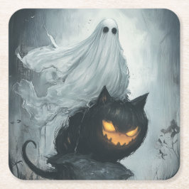 Halloween Ghost Riding a Black Cat Rechteckiger Pappuntersetzer