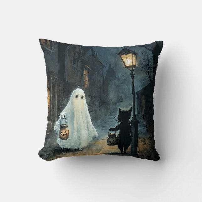 Halloween Ghost und Cat-Begegnung Kissen (Vorderseite)