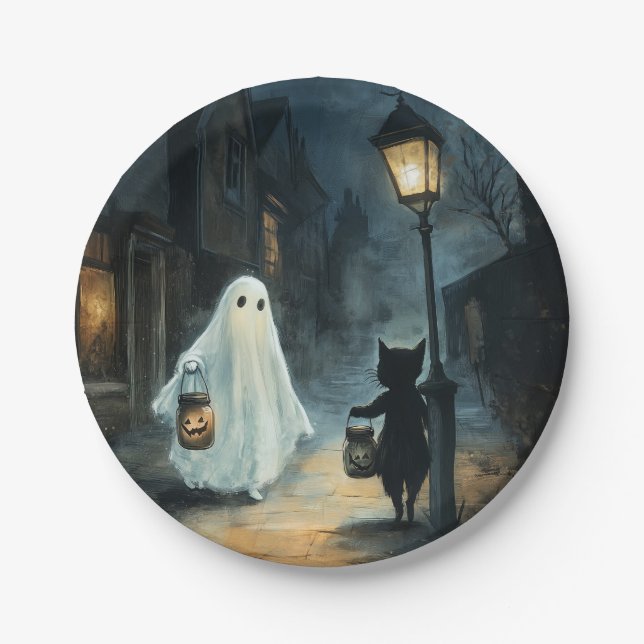 Halloween Ghost und Cat-Begegnung Pappteller (Vorderseite)