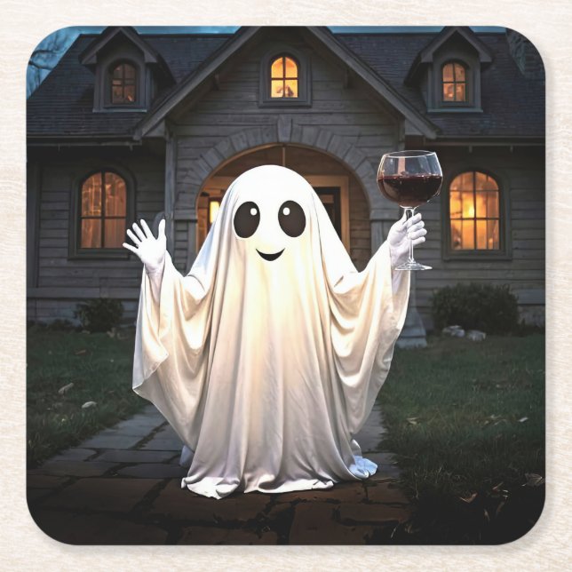 Halloween Ghost und Wein Rechteckiger Pappuntersetzer (Vorderseite)