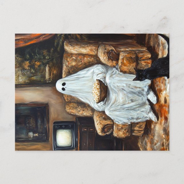 Halloween Ghost Watching TV mit Popcorn Einladungspostkarte (Vorderseite)
