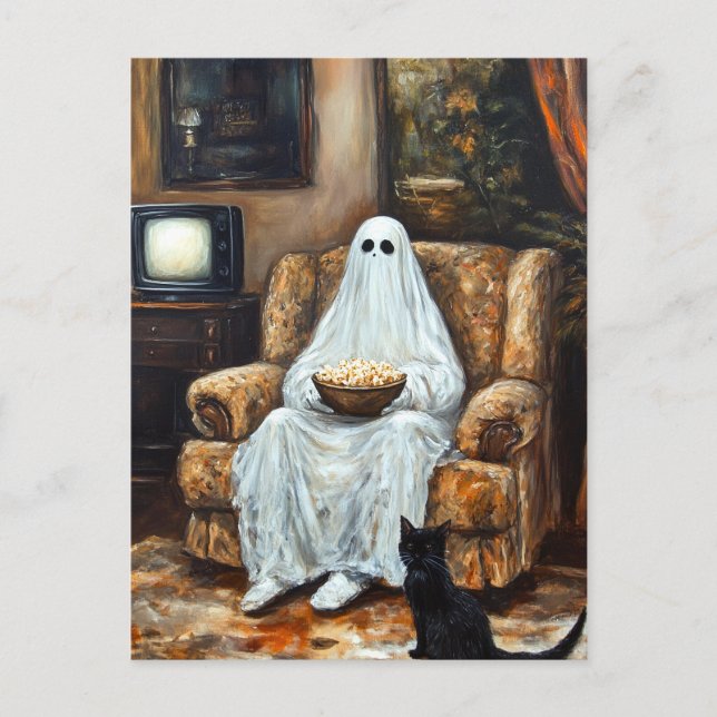 Halloween Ghost Watching TV mit Popcorn Postkarte (Vorderseite)