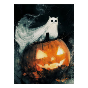 Halloween GhostCat und Kürbislaterne Poster