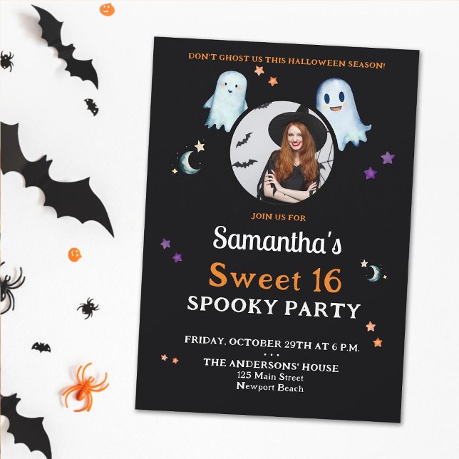 Halloween Ghosts Fun Sweet 16 Spooky Party Foto Einladung (sweet 16 halloween spooky party photo invitation for girls black orange purple cute fun moon stars)