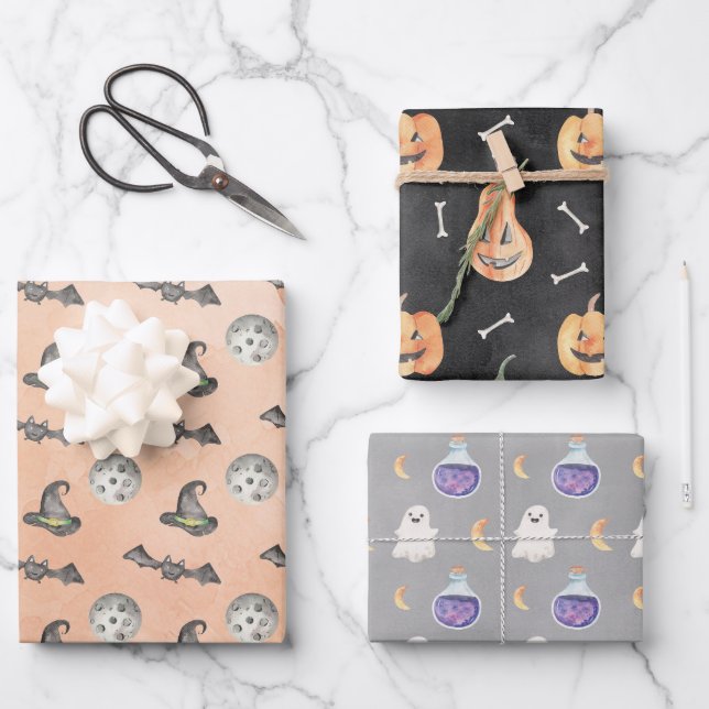 Halloween Ghosts Pumpkins Pattern Wrapping Paper Geschenkpapier Set (Vorderseite)