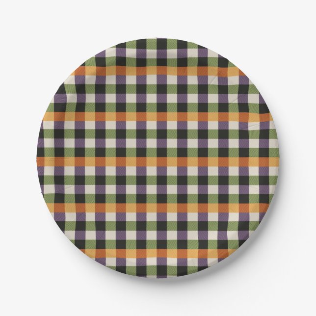 Halloween-Gingham-Muster, lila und schwarz Pappteller (Vorderseite)