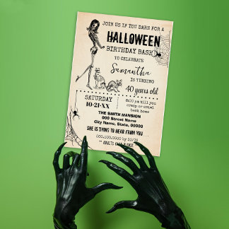 Halloween Girl & Cats Skelett Geburtstag Einladung