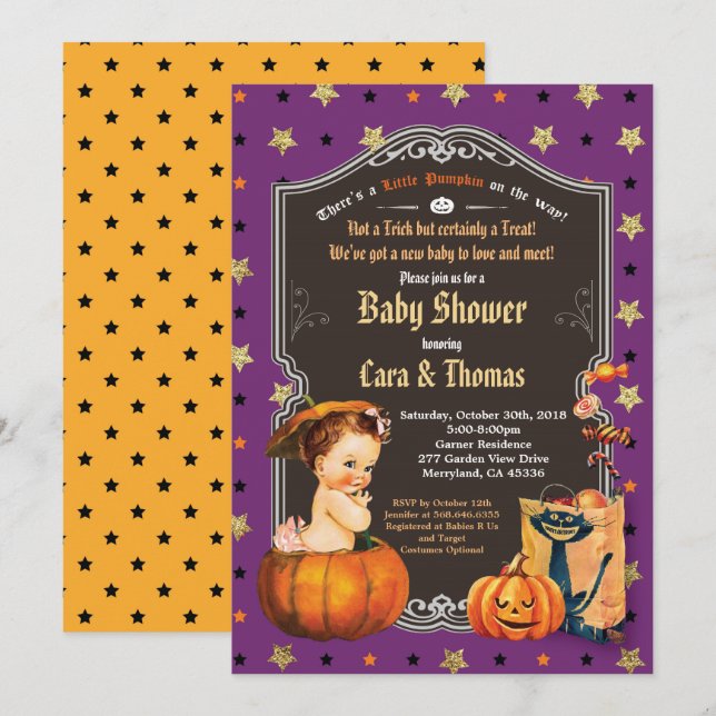 Halloween Girl Dusche lila Goldorange Einladung (Vorne/Hinten)