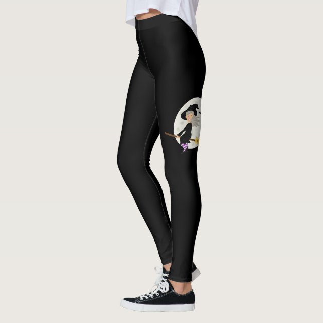 Halloween Girl Hexe fliegt am Mond Schwarz Leggings (Links)
