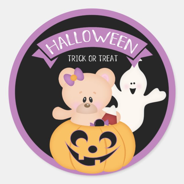 Halloween Girl Teddy Bear in Pumpkin Runder Aufkleber (Vorderseite)