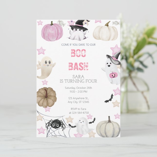 Halloween Girls - Boo Bash Ghost & Pink Einladung (Stehend Vorderseite)