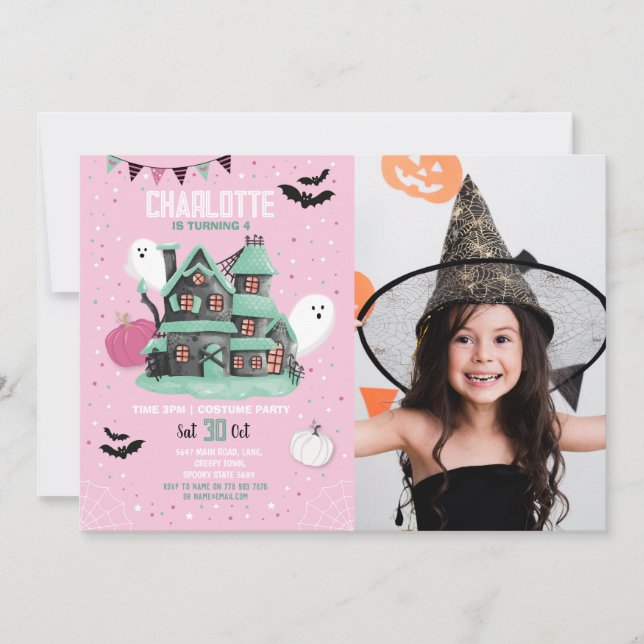 Halloween Girls Pink Fun House Party Ghosts Foto Einladung (Vorderseite)