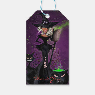 Halloween Glam Hexe in Schwarz Grün Lila Favor Geschenkanhänger