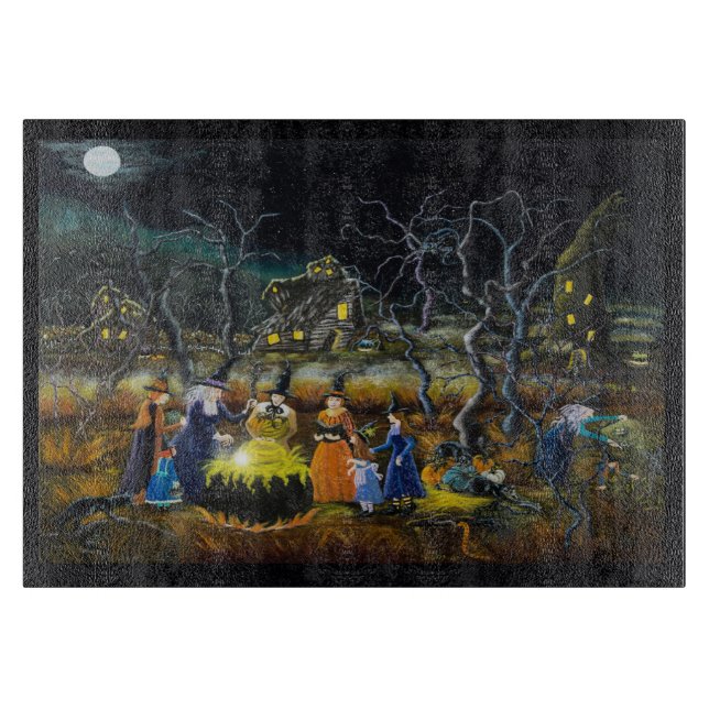 Halloween-Glasschneidenbrett, Hexen am großen Schneidebrett (Vorderseite)