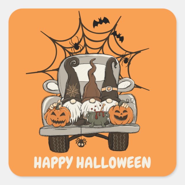 Halloween Gnome im Spider Web Truck Quadratischer Aufkleber (Vorderseite)