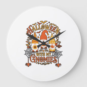 Halloween-Gnome Kürbis Spinnennetz Fledermäuse_1 Große Wanduhr