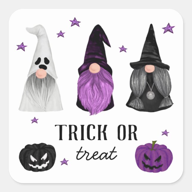 Halloween Gnome und Kürbis. Trick oder Behandlung Quadratischer Aufkleber (Vorderseite)
