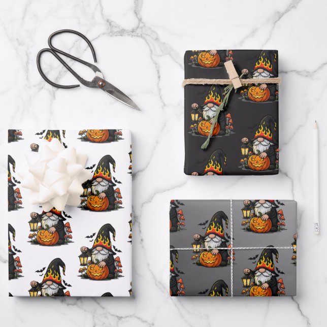 Halloween Gnome Wrapping Paper Flat Sheet Set of 3 Geschenkpapier Set (Vorderseite)