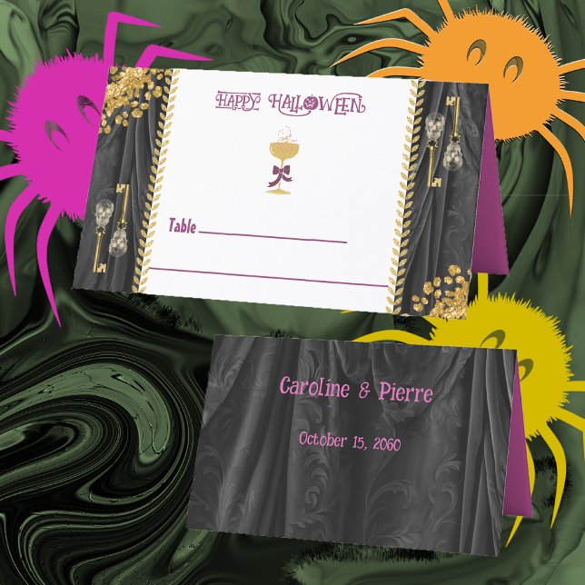 Halloween Gold Glitzer Skulls & Champagne Platzkarte (Von Creator hochgeladen)