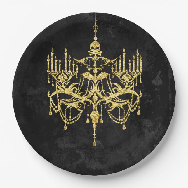Halloween Gold Imitats-Glitzer Chandelier Pappteller (Vorderseite)