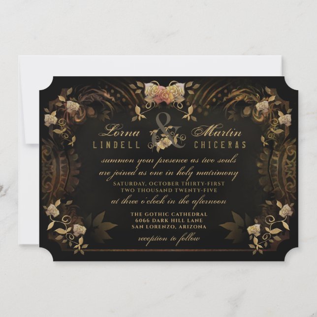 Halloween Golden Elegance Skeletons Wedding Invita Einladung (Rückseite)