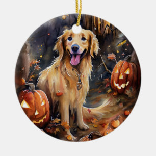 Halloween Golden Retriever mit Kürbissen Gruselig Keramik Ornament