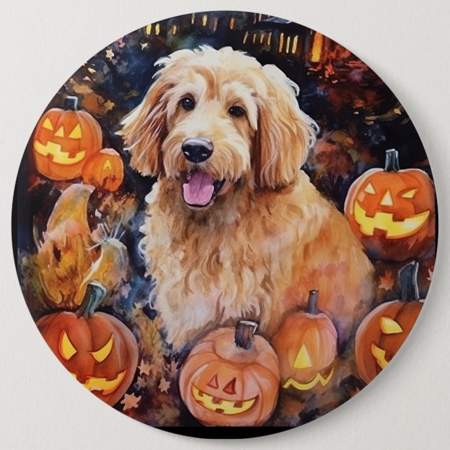 Halloween Goldendoodle mit Pumpkins Beängstigend Button (Vorderseite)