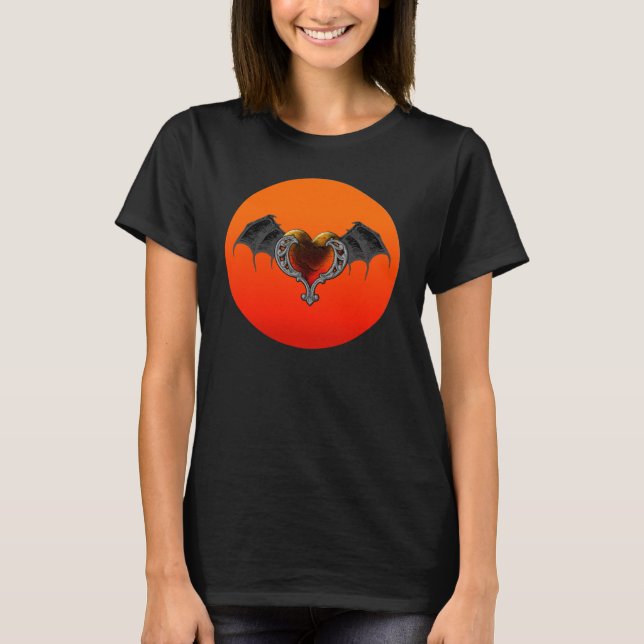 Halloween Goth Orange Heart & Bat Wings TShirt (Vorderseite)