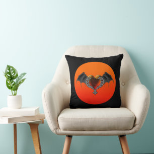 Halloween Goth Orange Herz & Bat Wings Kissen