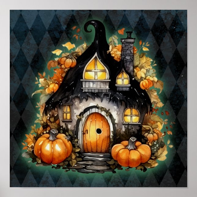 Halloween Gothic Fall Fairy Hütte Blue Raute Poster (Vorne)