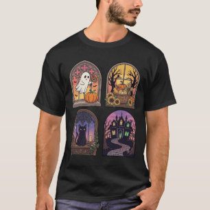 Halloween Gothic Fenster Geist Kürbis Schwarze Kat T-Shirt