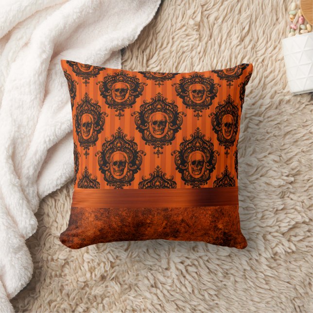 Halloween Gothic | Orangefarbene und schwarze Schä Kissen (Decke)