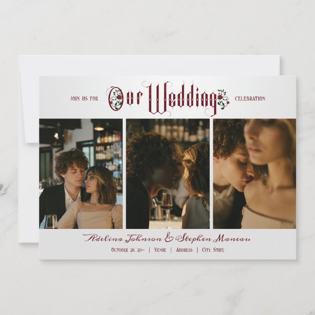 Halloween Gothic Script Rote Rosen 3 Foto Hochzeit Einladung (Vorderseite)