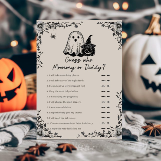 Halloween Gothic Vintage Rate Mal Mama oder Papa (Black Floral Gothic Little Boo Baby Shower Guess Who Mommy or Daddy Game)