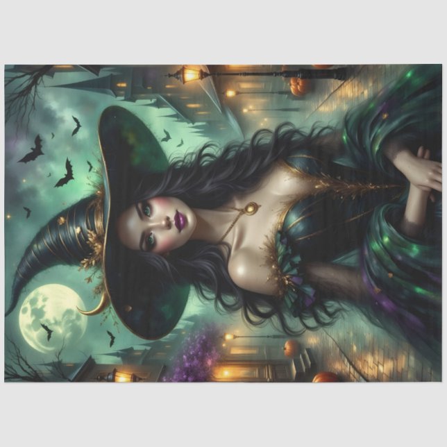 Halloween Gotische Hexe mit Fledermäusen und Kürbi Seidenpapier (Vorderseite)