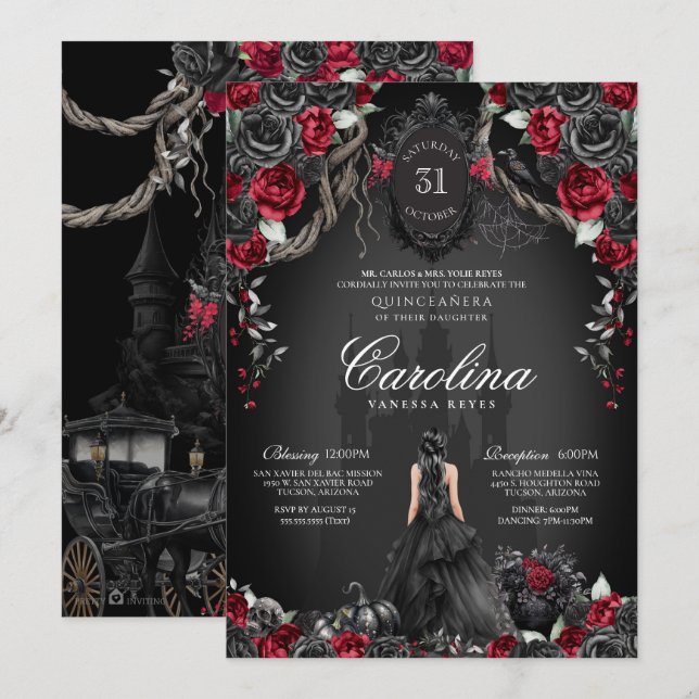 Halloween Gotische Prinzessin Red & Black Quincean Einladung (Vorne/Hinten)
