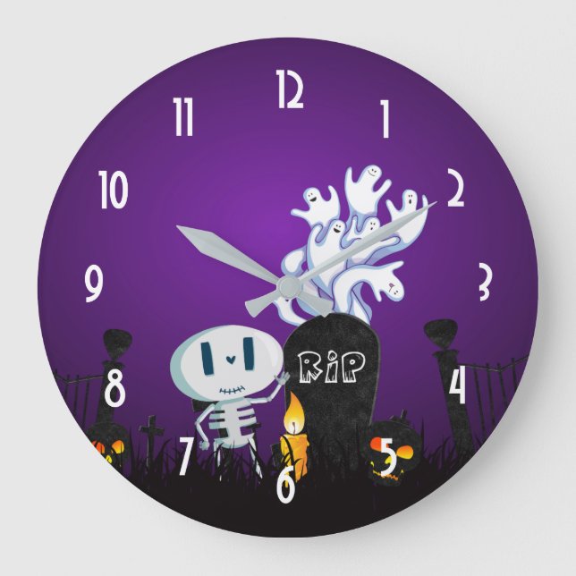 Halloween Graveyard Niedlich Skelett und Geister Große Wanduhr (Vorderseite)