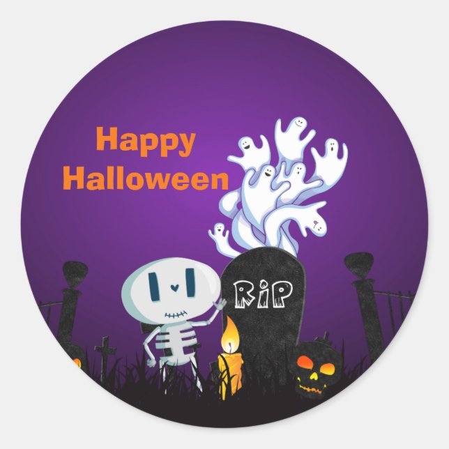 Halloween Graveyard Spooky Niedlich Skelett & Geis Runder Aufkleber (Vorderseite)