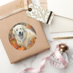 Halloween Great Pyrenees mit Kürbissen Gruselig Runder Aufkleber