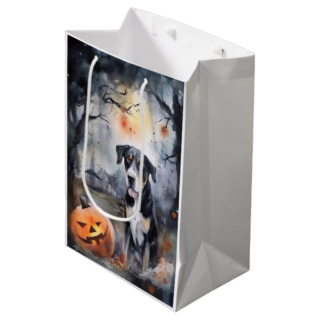 Halloween Greater Swiss mit Pumpkins Beängstigend Mittlere Geschenktüte (Vorderseite Schrägansicht)
