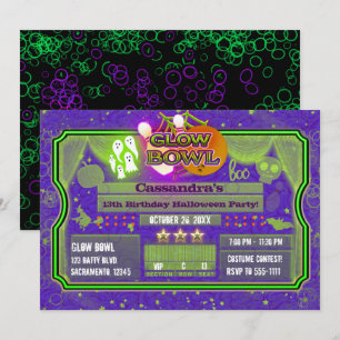 Halloween Green & Lila GLOW BOWL Geburtstagsparty Einladung
